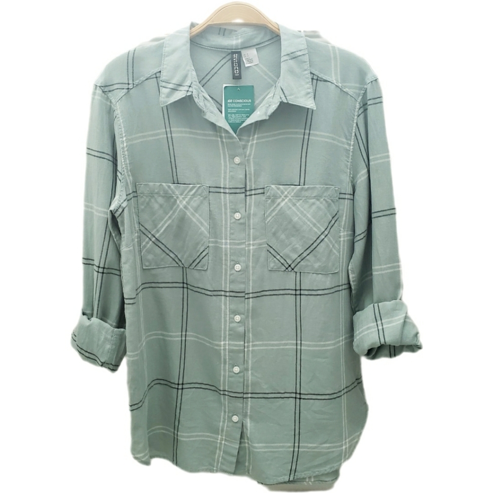 New H&M Divided Green Checkered Button Down Long Sleeves Cotton Shirt sz 4
